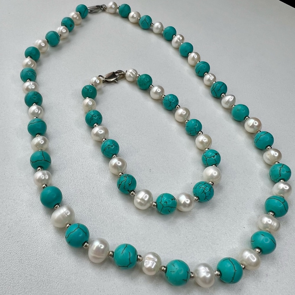 Vintage Set Fresh Water Pearl Howlite Silver Beaded Necklace 18” & Bracelet 7”